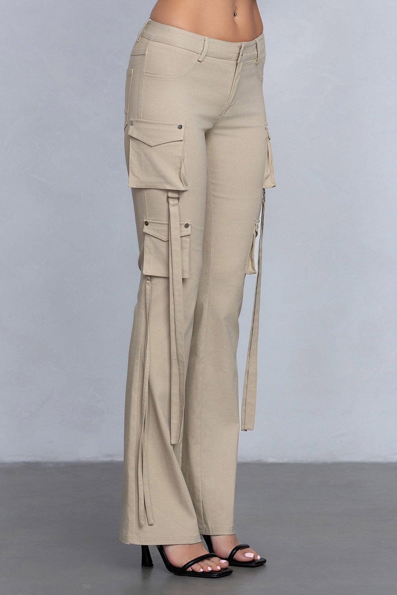 Low Rise Flared Cargo Pants | Stretchy Woven Streetwear with Strap Details - Blaire Shops