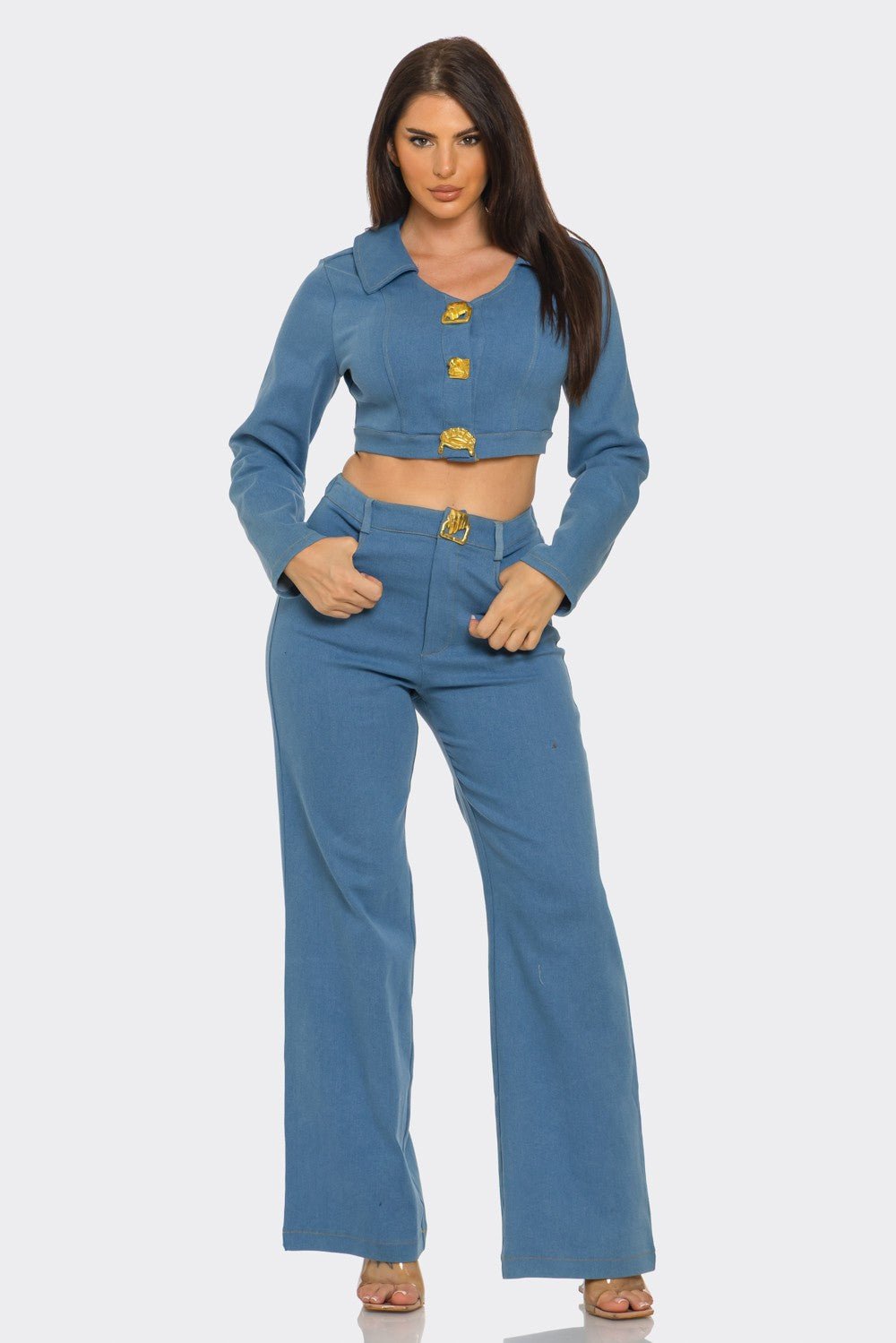 Luciana Gold Jewel - Clasp Cropped Denim Jacket & Pant Set - Blaire Shops