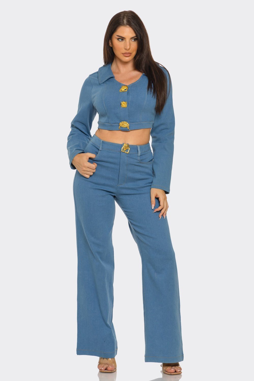 Luciana Gold Jewel - Clasp Cropped Denim Jacket & Pant Set - Blaire Shops