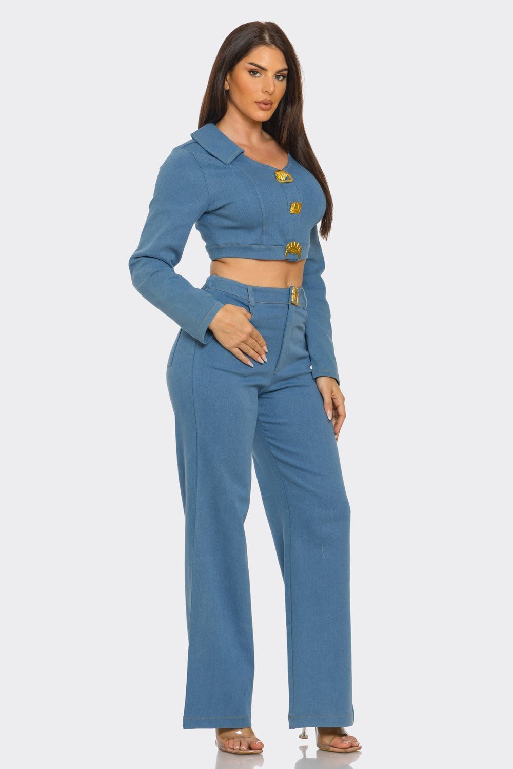 Luciana Gold Jewel - Clasp Cropped Denim Jacket & Pant Set - Blaire Shops