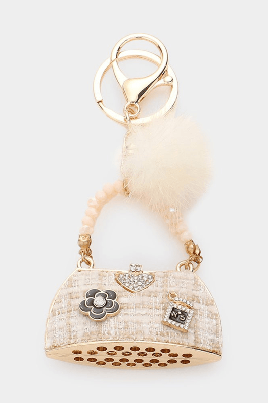 Luxe Heart Pointed Tweed Tote Bag Pom Pom Keychain - Blaire Shops