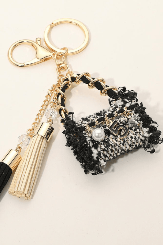 Luxe Pearl Number Five Stone Tweed Handbag Tassel Keychain - Blaire Shops