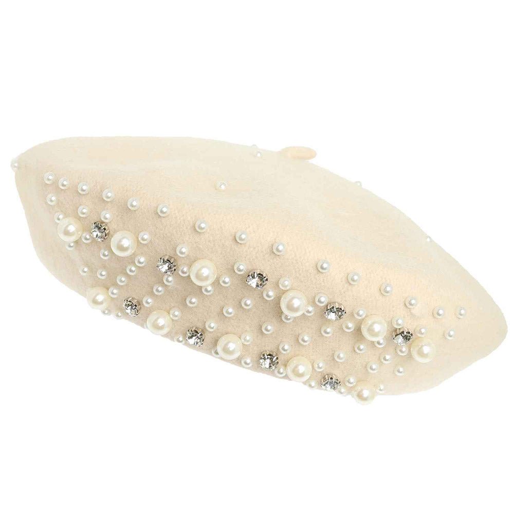 Luxe Pearl Stone Cluster Embellished 100 % Wool Beret - Blaire Shops