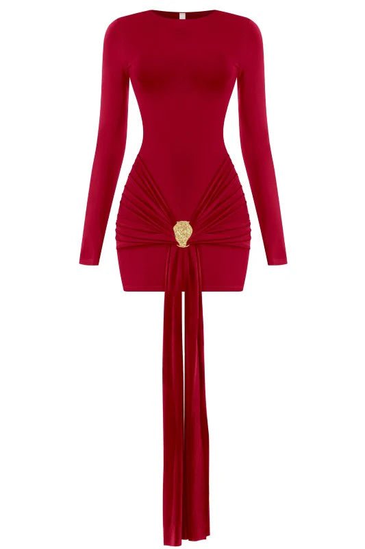 Luxe Stretch Mini Dress with Gold Detail - Red dress for women Vacation Outfits Birthday Dresses Going Out Looks