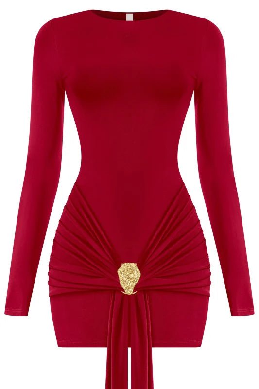 Luxe Stretch Mini Dress with Gold Detail - Red dress for women Vacation Outfits Birthday Dresses Going Out Looks