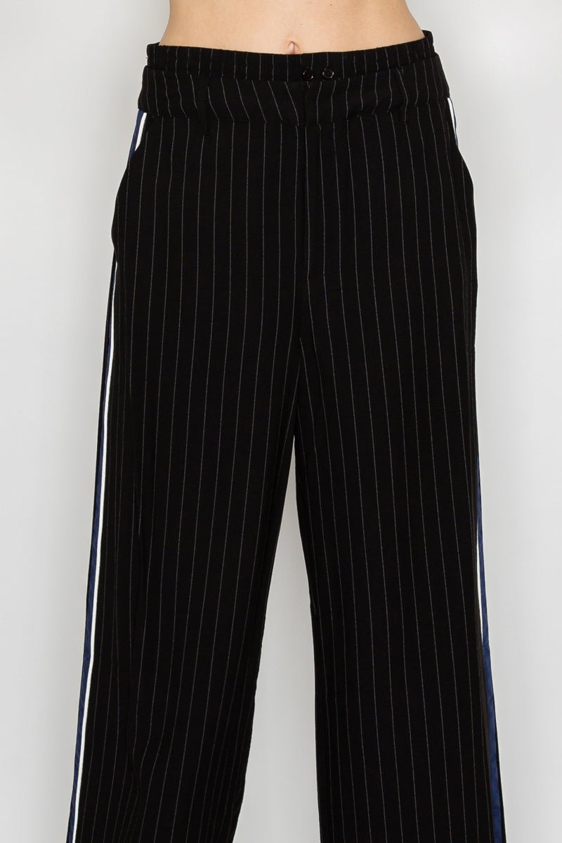 Luxurious Wide - Leg Striped Pants with Contrast Trim and Relaxed Double - Waistband Design - Blaire Shops