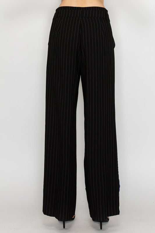 Luxurious Wide - Leg Striped Pants with Contrast Trim and Relaxed Double - Waistband Design - Blaire Shops