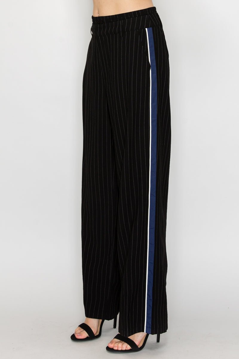 Luxurious Wide - Leg Striped Pants with Contrast Trim and Relaxed Double - Waistband Design - Blaire Shops