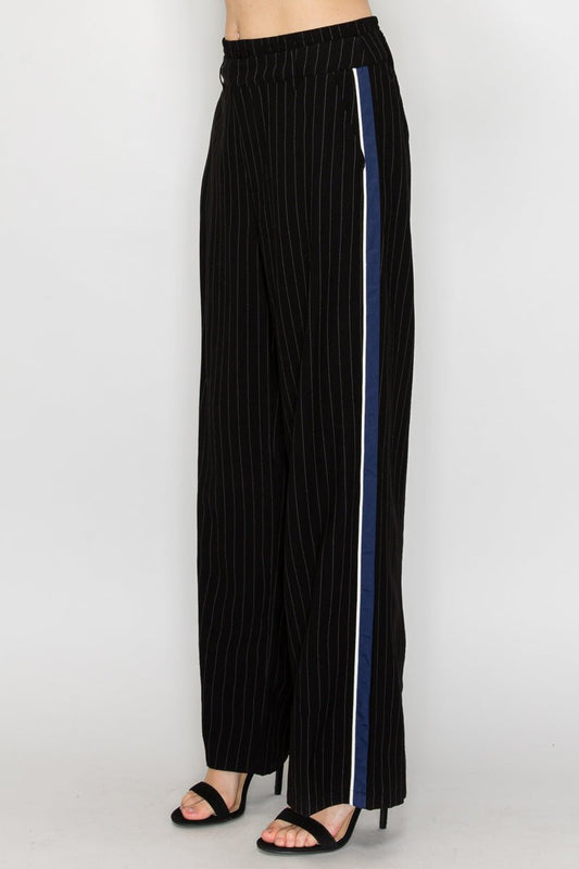 Luxurious Wide - Leg Striped Pants with Contrast Trim and Relaxed Double - Waistband Design - Blaire Shops