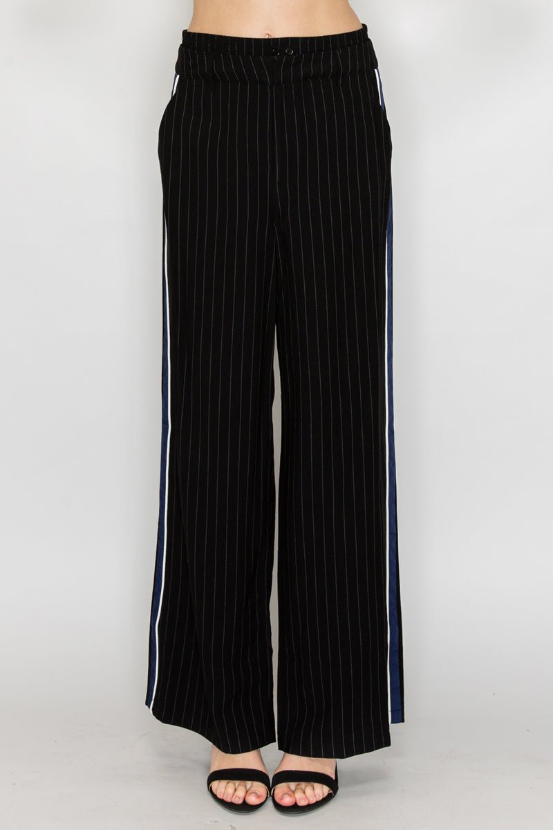 Luxurious Wide - Leg Striped Pants with Contrast Trim and Relaxed Double - Waistband Design - Blaire Shops