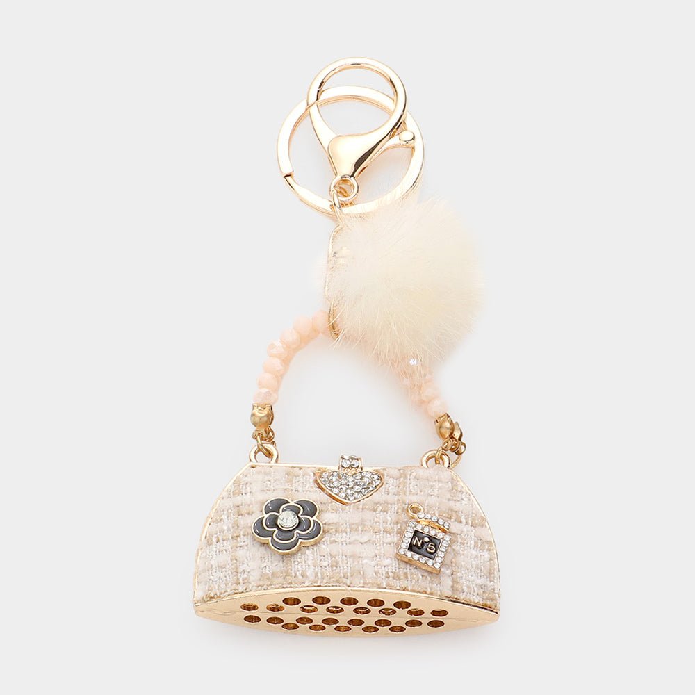 Luxe Heart Pointed Tweed Tote Bag Pom Pom Keychain - keychain for women Vacation Outfits Birthday Dresses Going Out Looks