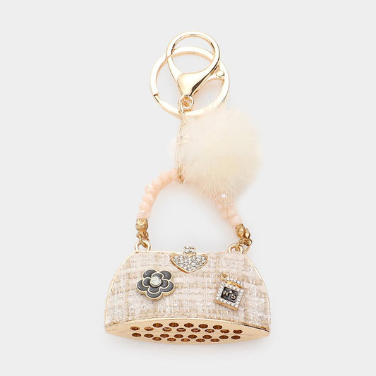 Luxury Heart Pointed Tweed Tote Bag Pom Pom Keychain - Blaire Shops