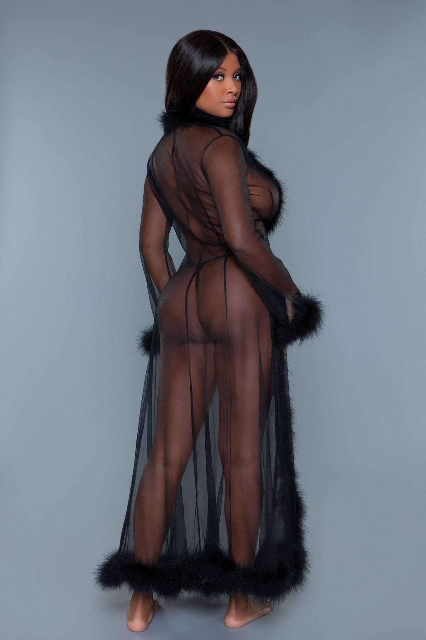 Marabou Robe Full - Length Chiffon Robe with Faux Fur Trim - Black Lingerie for women Vacation Outfits Birthday Dresses Going Out Looks