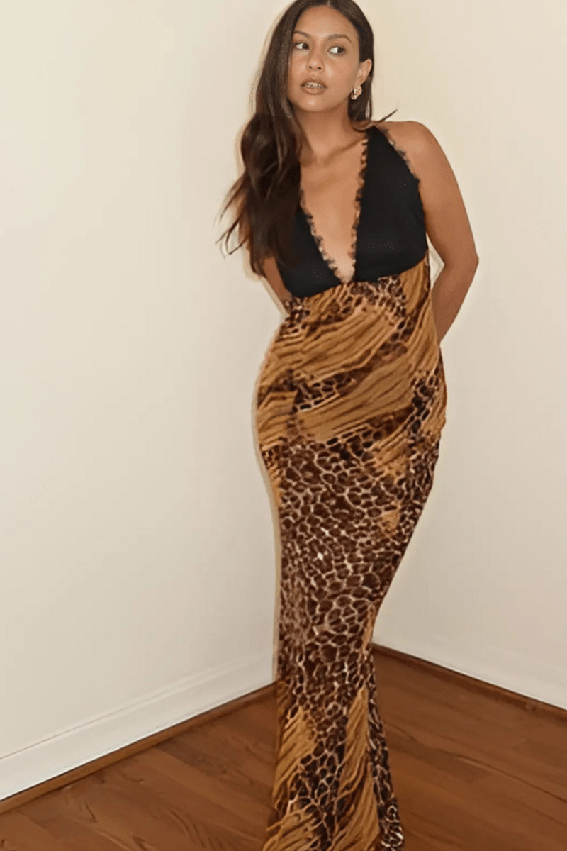 Maci Leopard Sheer Maxi Halter Dress | Chic Animal Print Resort Dress - Blaire Shops