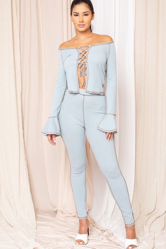 MADDIE INSIDE OUT STITCH LACE DOWN FRONT LONG SLEEVE CROP TO PANT SET - Light Blue PANT SET for women Vacation Outfits Birthday Dresses Going Out Looks