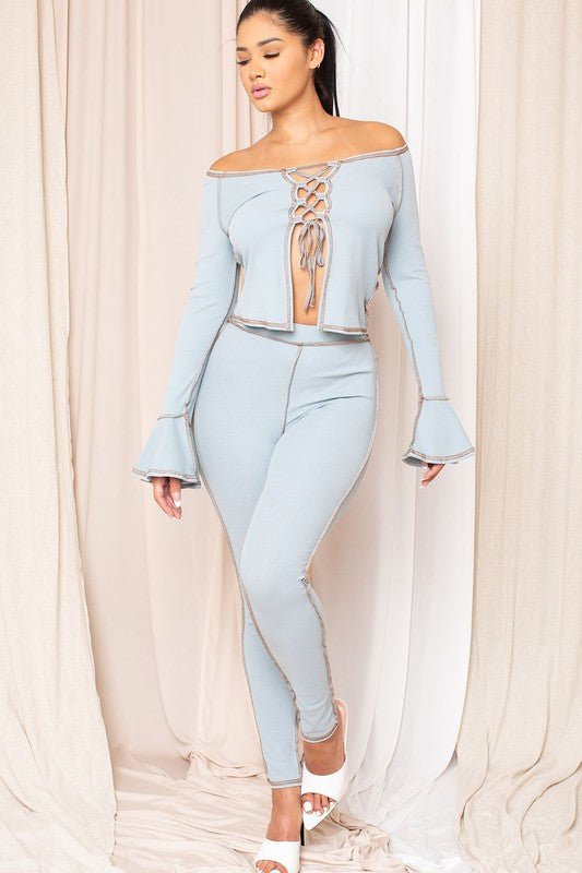 MADDIE INSIDE OUT STITCH LACE DOWN FRONT LONG SLEEVE CROP TO PANT SET - Blaire Shops