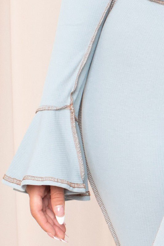 MADDIE INSIDE OUT STITCH LACE DOWN FRONT LONG SLEEVE CROP TO PANT SET - Blaire Shops