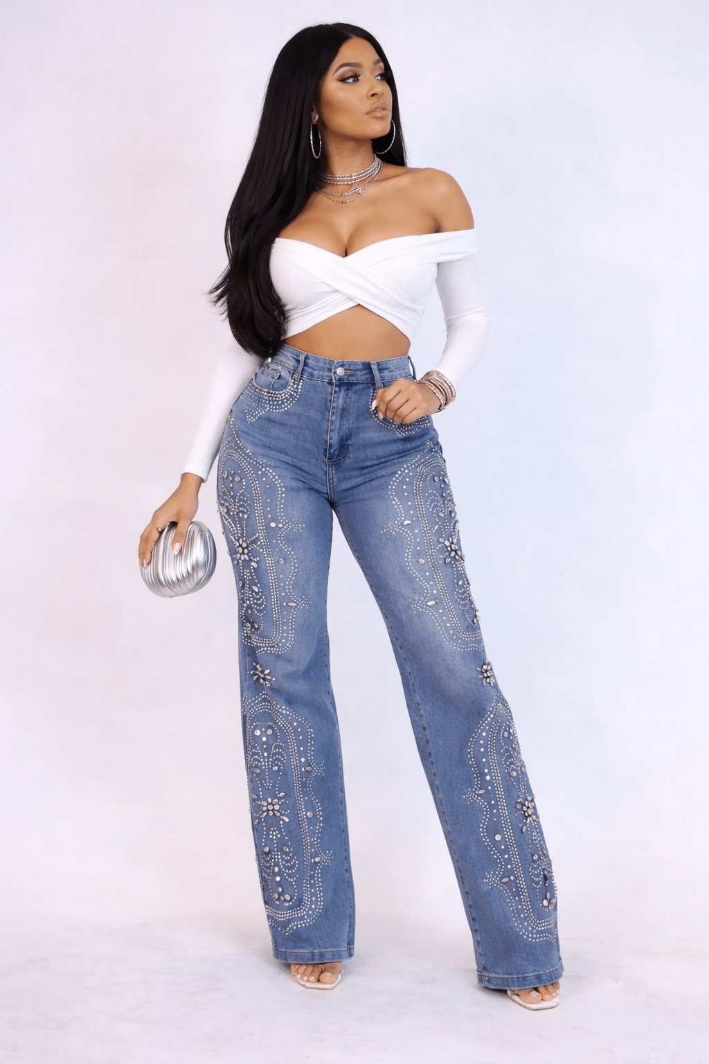 Main Character Rhinestone Jeans – Medium Wash - Medium Wash bottoms for women Vacation Outfits Birthday Dresses Going Out Looks