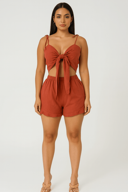 Maldives Linen Two Piece Crop Top Tie Short Set - Blaire Shops