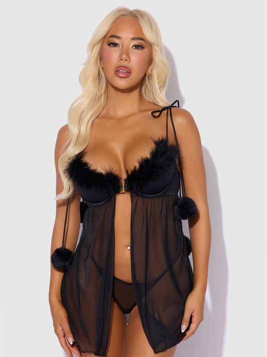 MARILYN MARABOU FEATHER & MESH BABYDOLL & G - STRING SET - Blaire Shops