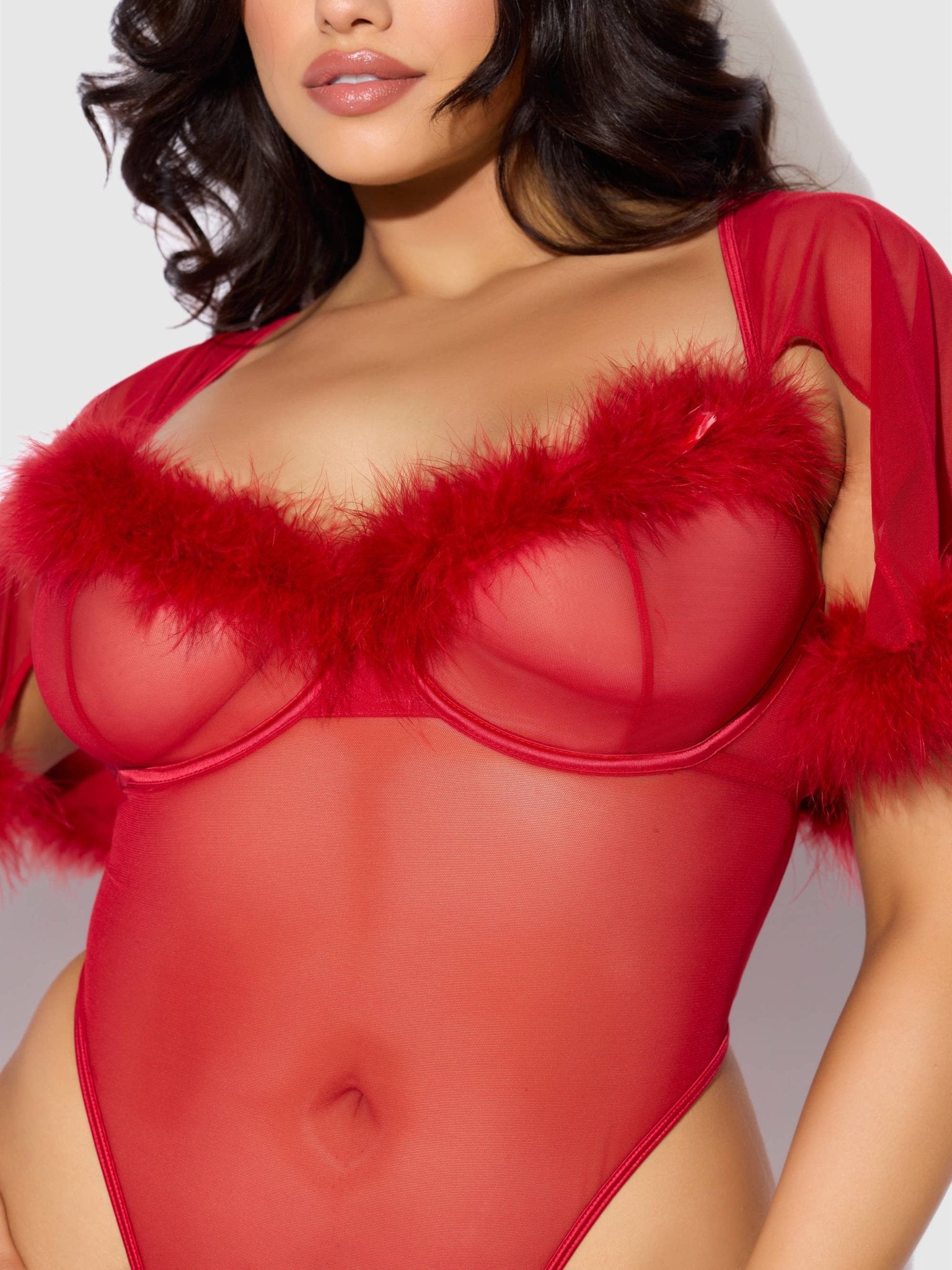 MARILYN RED MARABOU FEATHERED MESH BELL - SLEEVED LINGERIE BODYSUIT - Blaire Shops