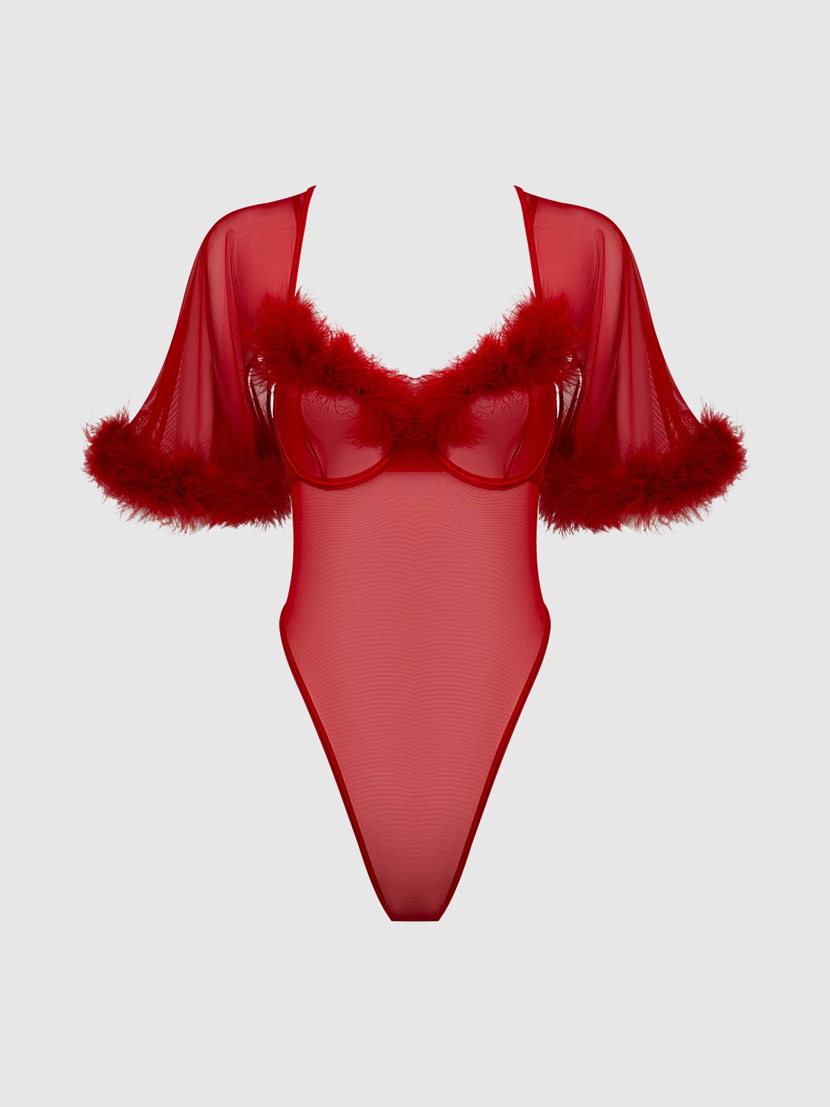 MARILYN RED MARABOU FEATHERED MESH BELL - SLEEVED LINGERIE BODYSUIT - Blaire Shops