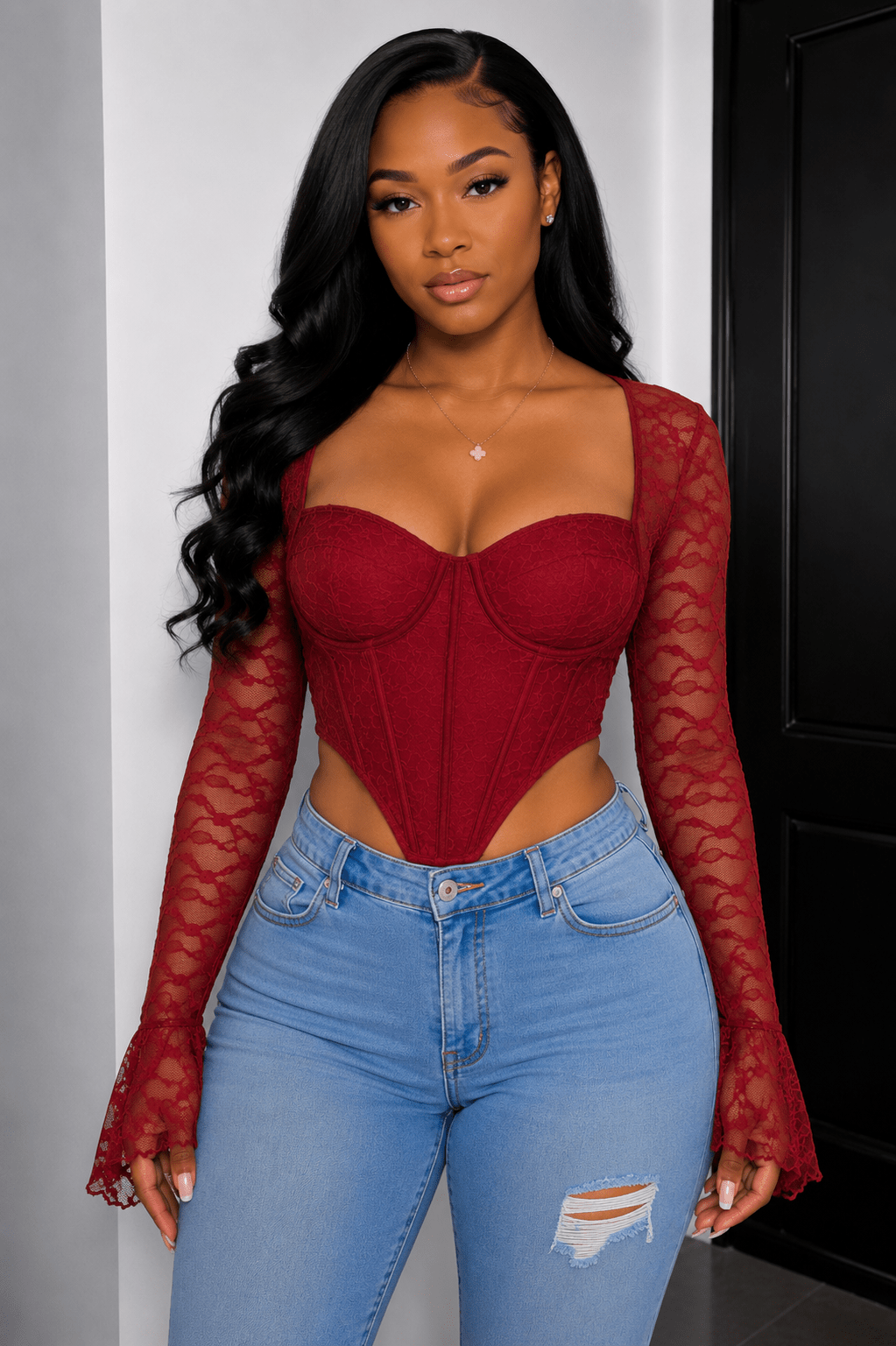 Marissa Long Sleeve Laced Crop Top Bustier – Lace Corset Top for Women - Red Crop Top for women Vacation Outfits Birthday Dresses Going Out Looks