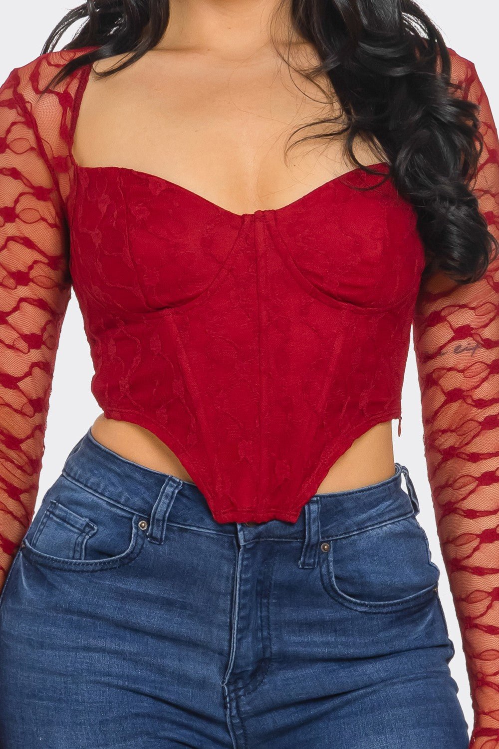 Marissa Long Sleeve Laced Crop Top Bustier with Adjustable Fit and Elegant Lace Detailing - Blaire Shops