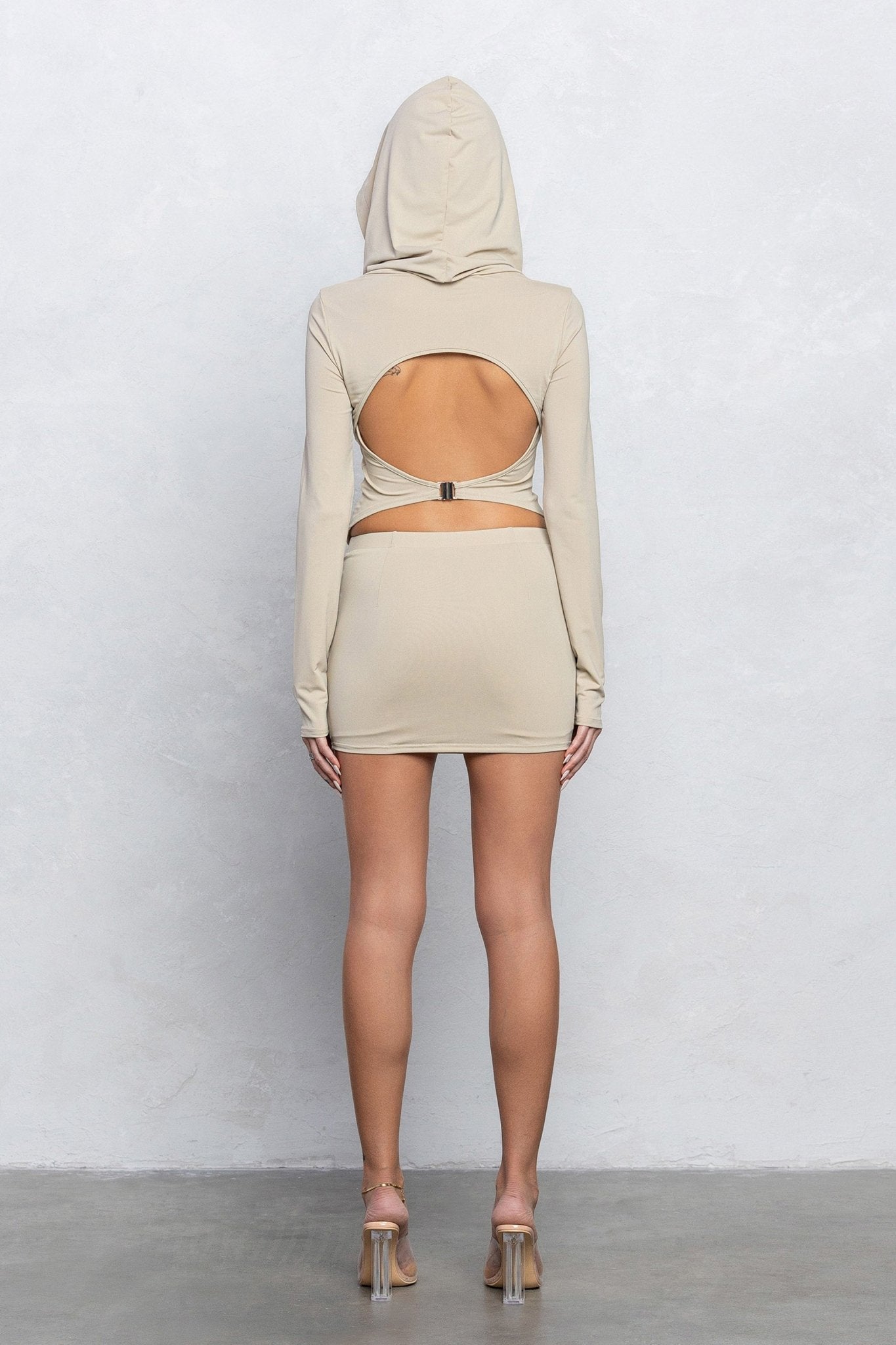 Marlin Heavy Nylon Hooded Cowl Top & Mini Skirt Set | Back Cut - Out Trendy Party Look - Blaire Shops