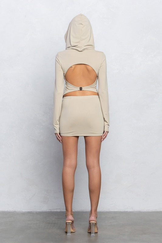 Marlin Heavy Nylon Hooded Cowl Top & Mini Skirt Set | Back Cut - Out Trendy Party Look - Blaire Shops