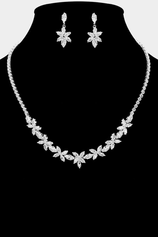 Marquise Floral CZ Stone Cluster Link Rhinestone Necklace and Earring Set - Blaire Shops