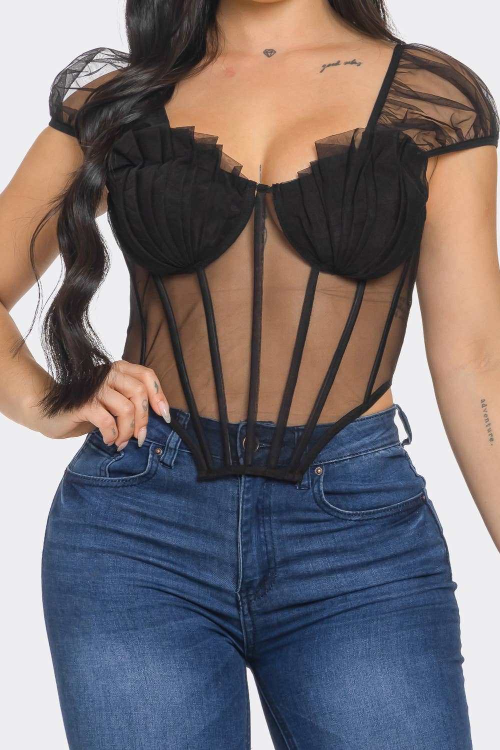 Maxine Mesh Front Pleated Tulle Sexy Bustier Top - Blaire Shops