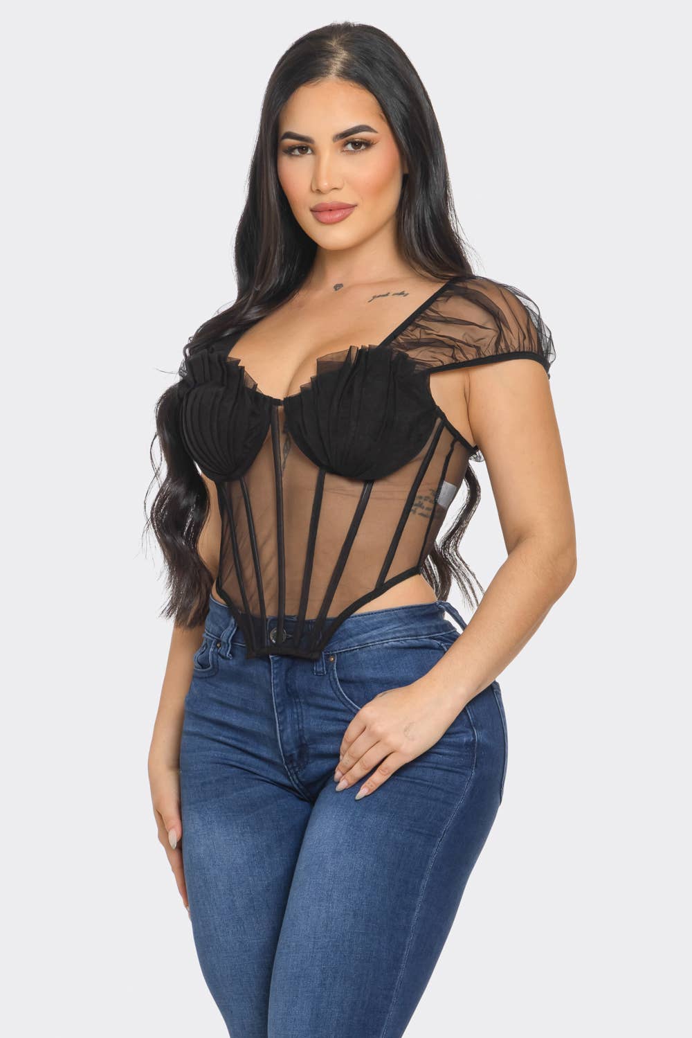 Maxine Mesh Front Pleated Tulle Sexy Bustier Top - Blaire Shops