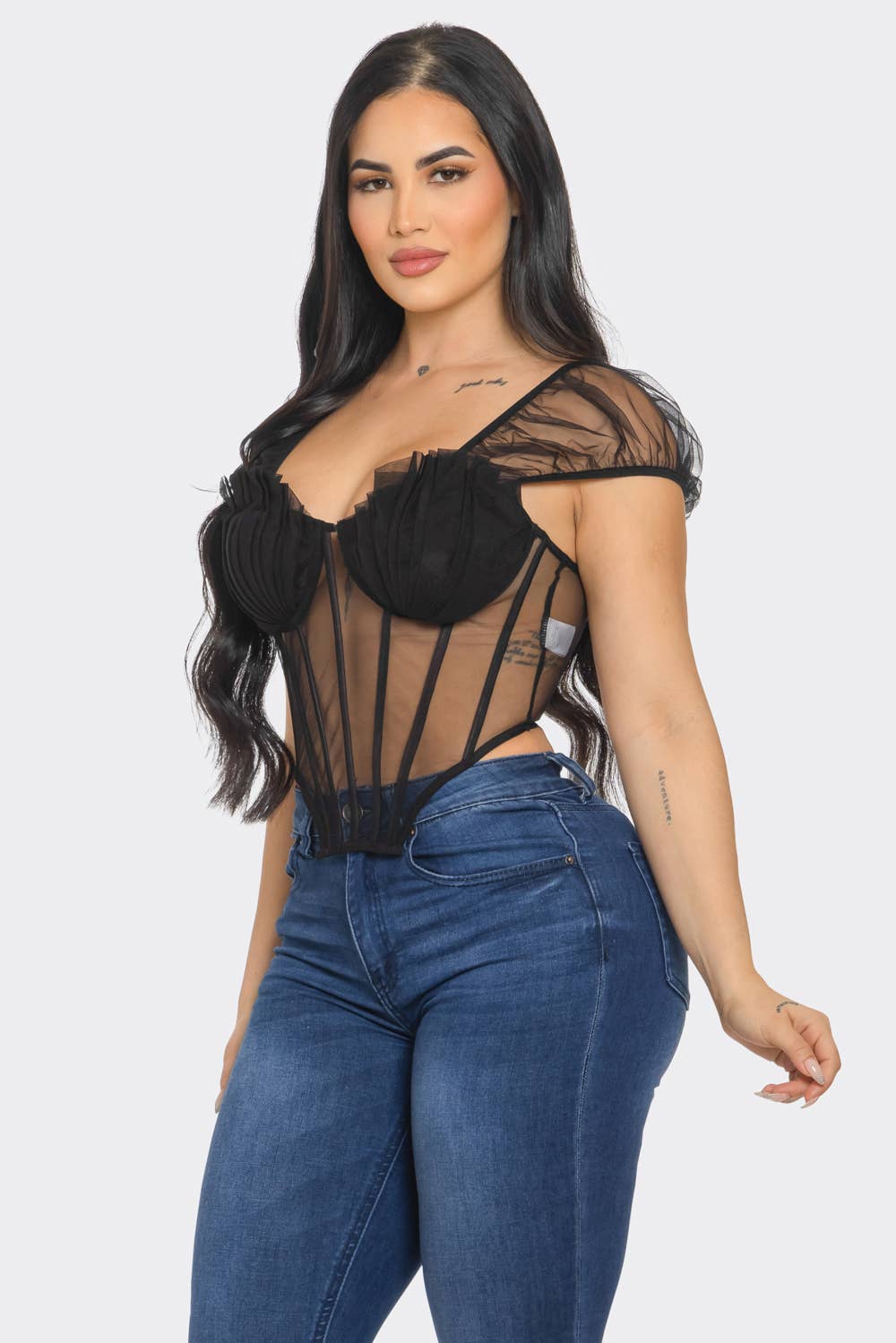 Maxine Mesh Front Pleated Tulle Sexy Bustier Top - Blaire Shops