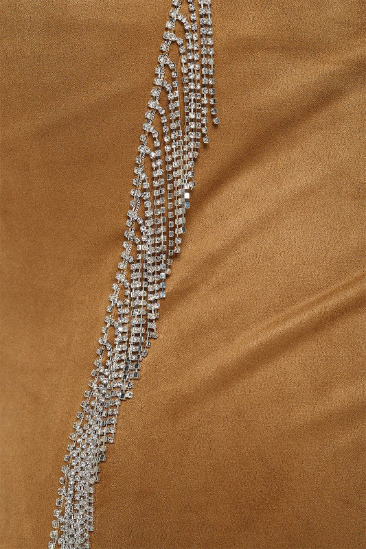 Maxine Plus Size Faux Suede Rhinestone Slit Mini Skirt – Side Slit with Fringe | Chic Night Out - Blaire Shops