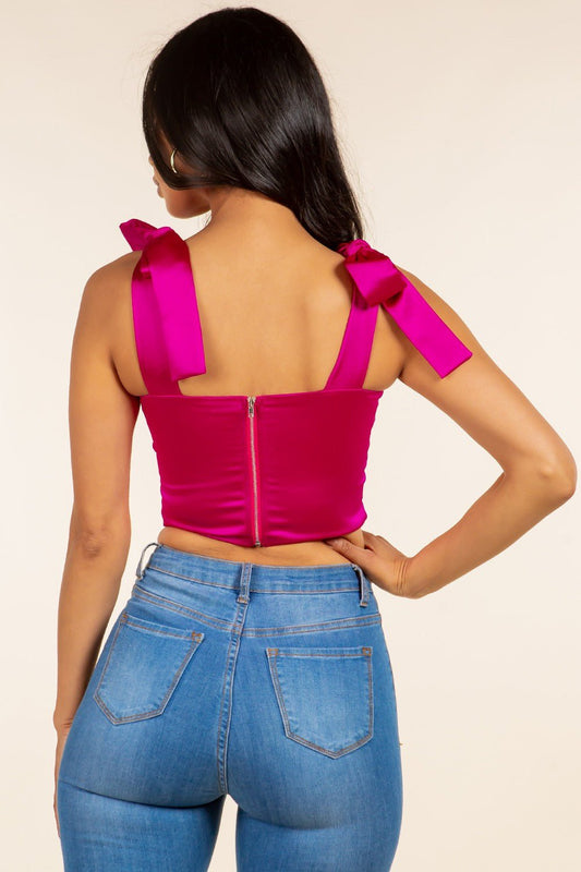Maxine Satin Crop Top With Tie Shoulder Straps – Elegant Bustier Design for Any Occasion - M Crop Top for women Vacation Outfits Birthday Dresses Going Out Looks