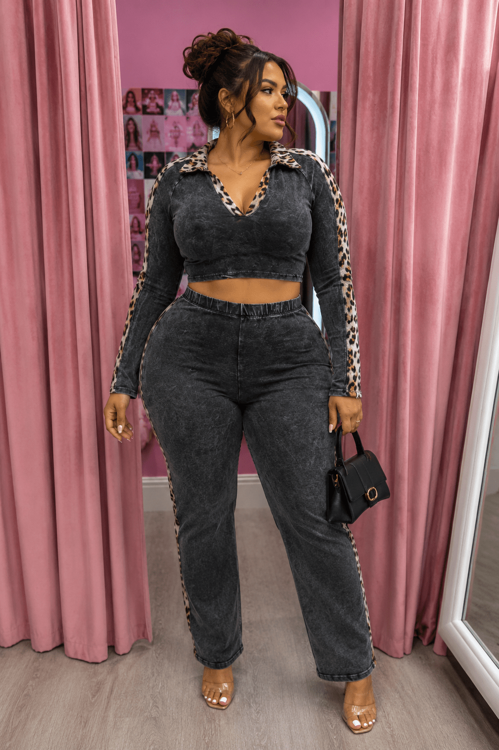 Maya Curvy Mineral Washed Crop Top & Stretch Pull - On Pants Set Leopard Contrast - 1XL PANT SET for women Vacation Outfits Birthday Dresses Going Out Looks