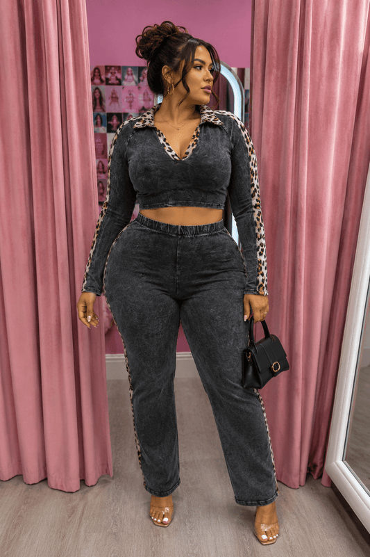 Maya Curvy Mineral Washed Crop Top & Stretch Pull - On Pants Set Leopard Contrast - 1XL PANT SET for women Vacation Outfits Birthday Dresses Going Out Looks