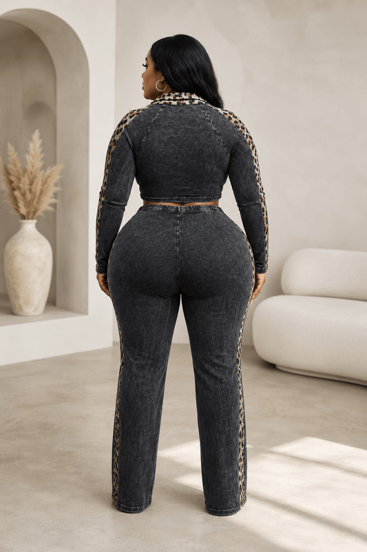 Maya Curvy Mineral Washed Crop Top & Stretch Pull - On Pants Set Leopard Contrast - 1XL PANT SET for women Vacation Outfits Birthday Dresses Going Out Looks