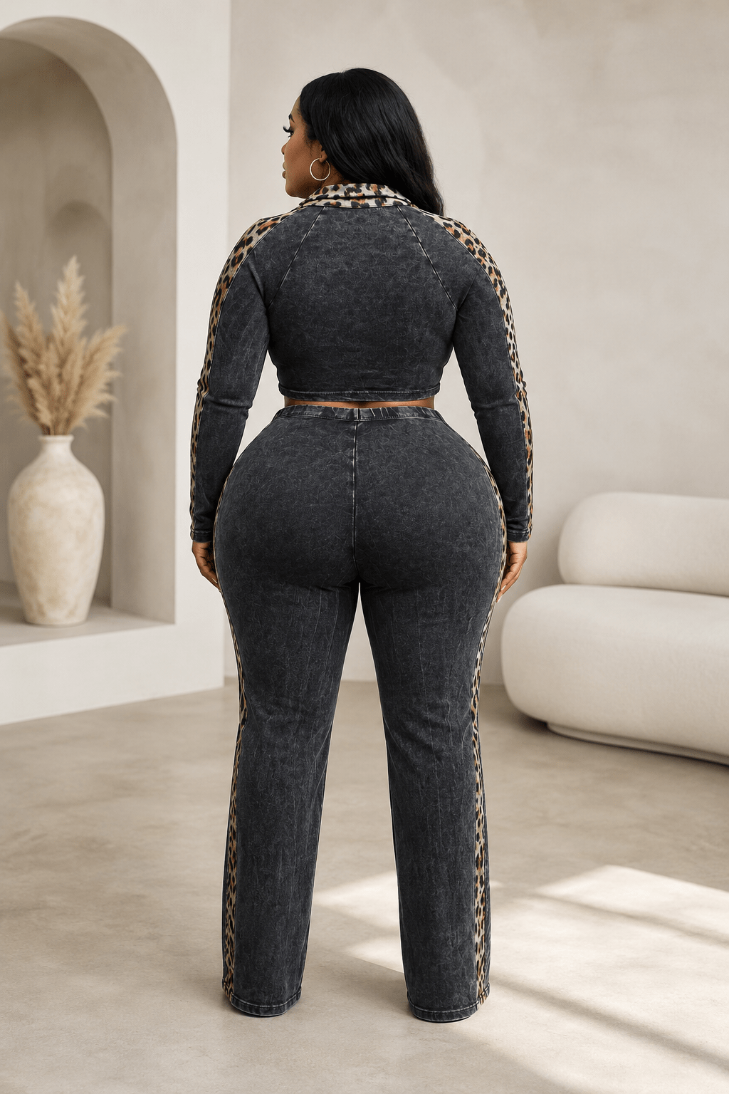 Maya Curvy Mineral Washed Crop Top & Stretch Pull - On Pants Set Leopard Contrast - 1XL PANT SET for women Vacation Outfits Birthday Dresses Going Out Looks