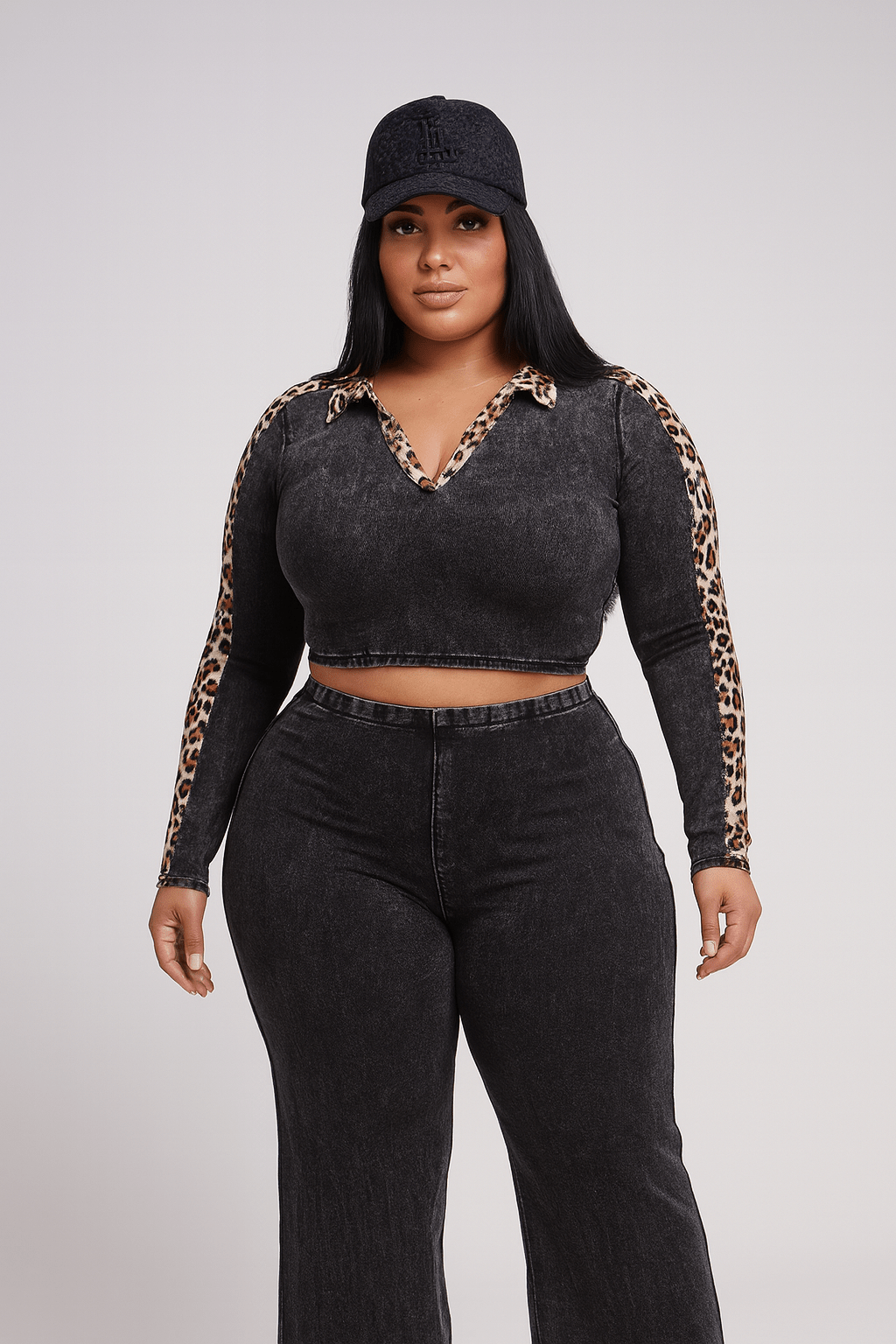 Maya Curvy Mineral Washed Crop Top & Stretch Pull - On Pants Set Leopard Contrast - Blaire Shops