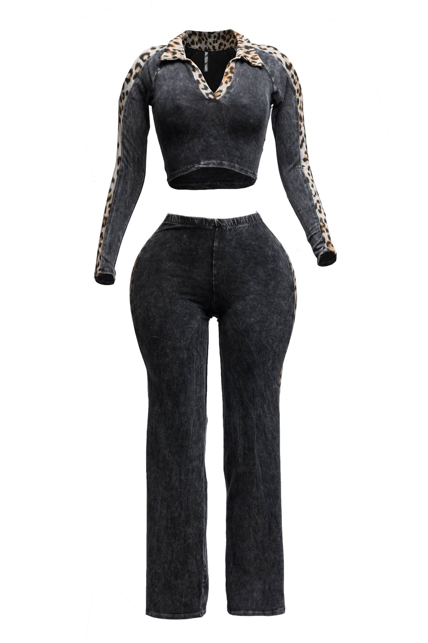 Maya Curvy Mineral Washed Crop Top & Stretch Pull - On Pants Set Leopard Contrast - Blaire Shops