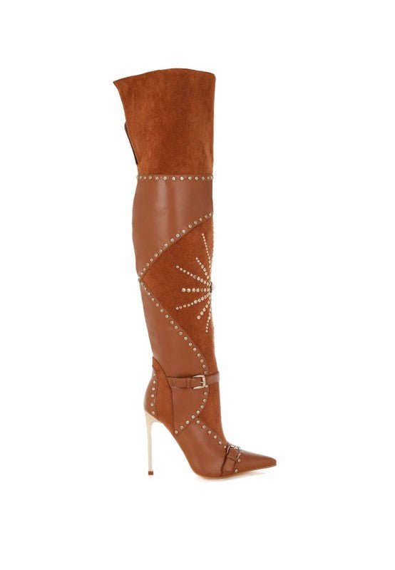 Medira Pointed Toe Embellished Stiletto Boots - Tan boots for women Vacation Outfits Birthday Dresses Going Out Looks
