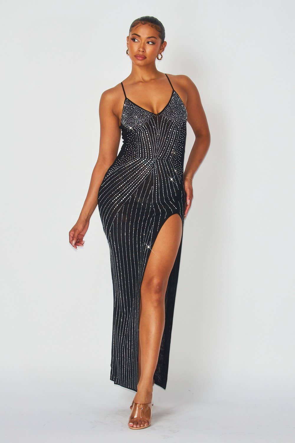 Megan LUXE Show Stopper Rhinestone Detail Maxi Mesh Dress - Blaire Shops