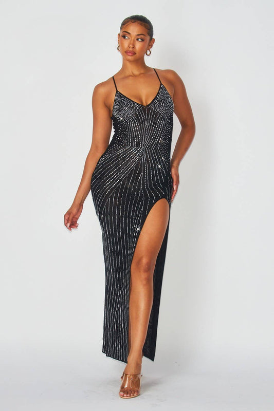 Megan LUXE Show Stopper Rhinestone Detail Maxi Mesh Dress - Blaire Shops