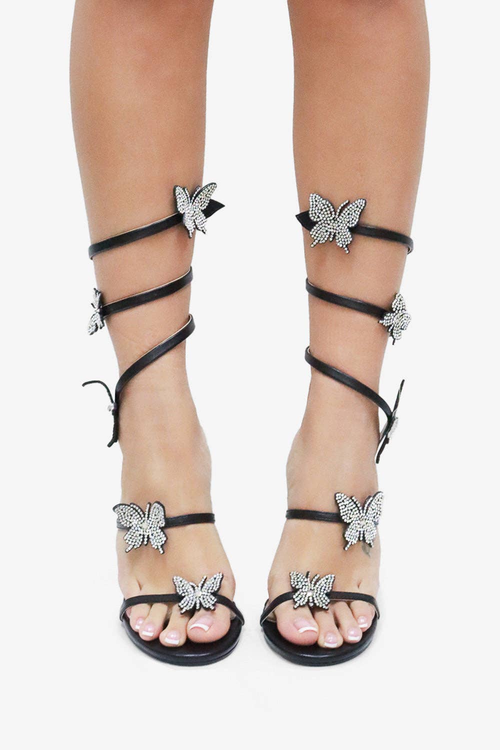 Melanie Butterfly Crystal Detail Spiral Strap Heels - Blaire Shops