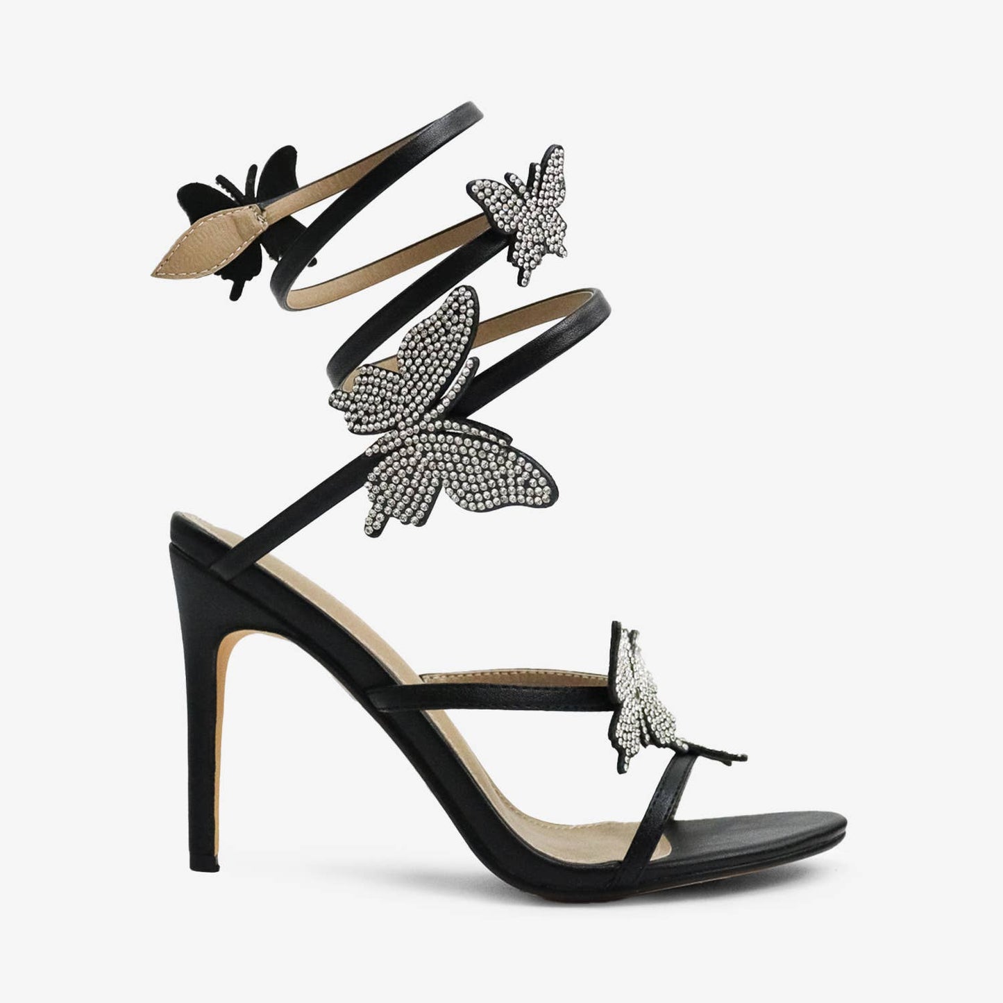 Melanie Butterfly Crystal Detail Spiral Strap Heels - Blaire Shops