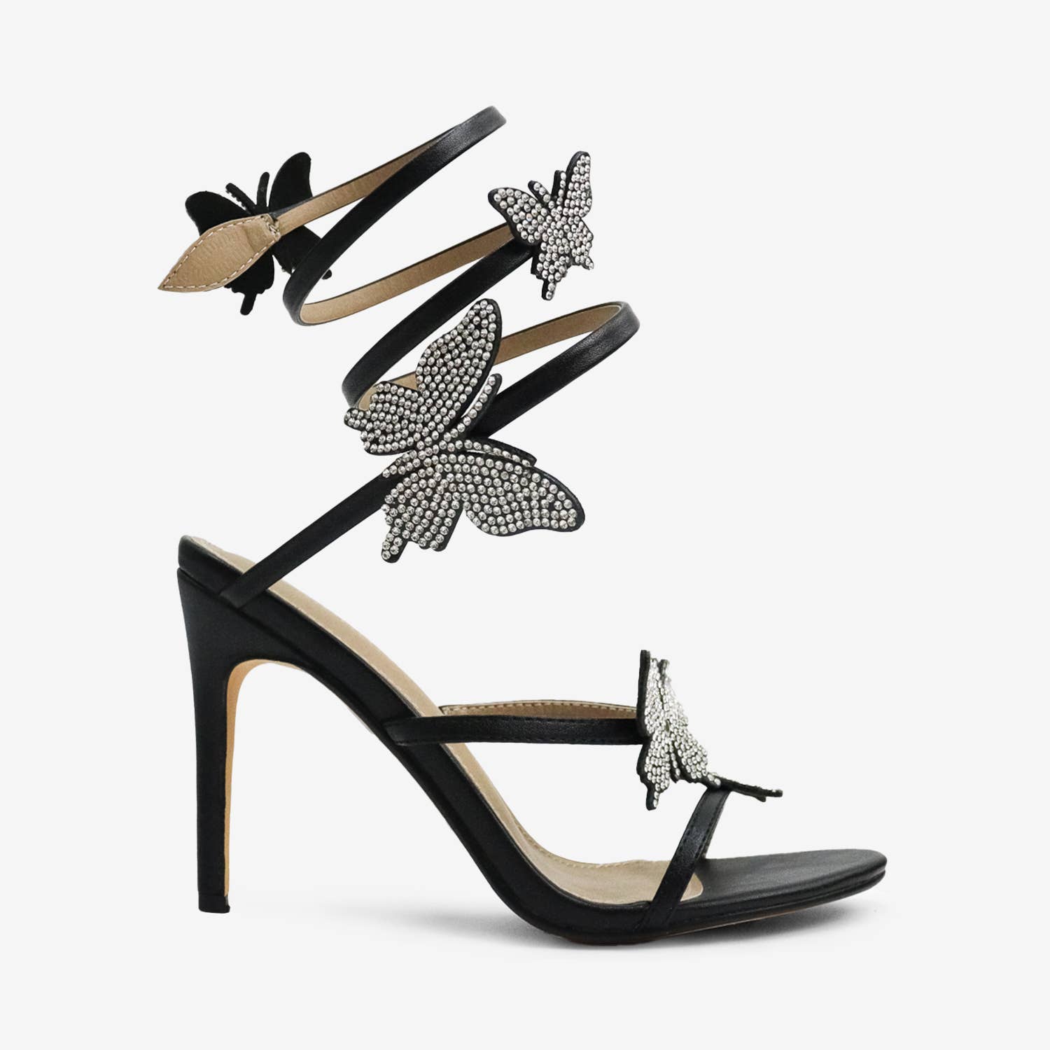 Melanie Butterfly Crystal Detail Spiral Strap Heels - Blaire Shops