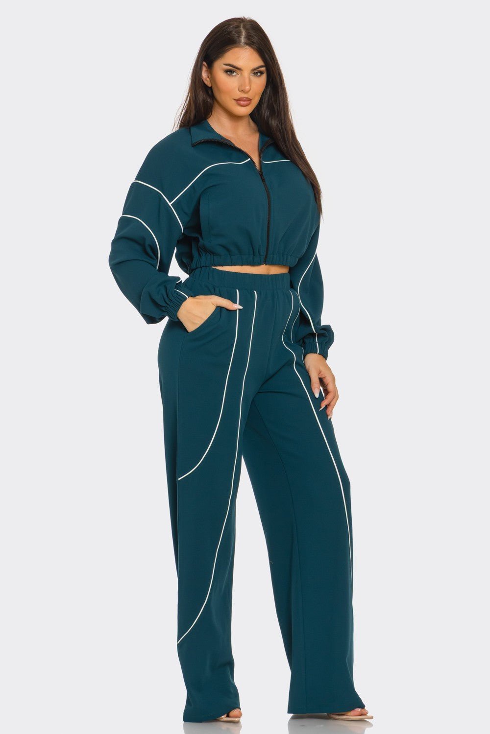 Melanie Zip - Up Piping Stripe Two - Piece Set – Cropped Jacket & Wide - Leg Pants - Blaire Shops