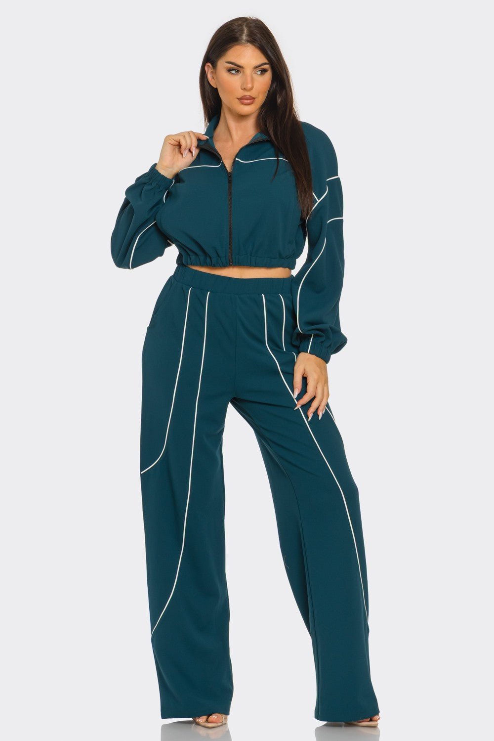 Melanie Zip - Up Piping Stripe Two - Piece Set – Cropped Jacket & Wide - Leg Pants - Blaire Shops
